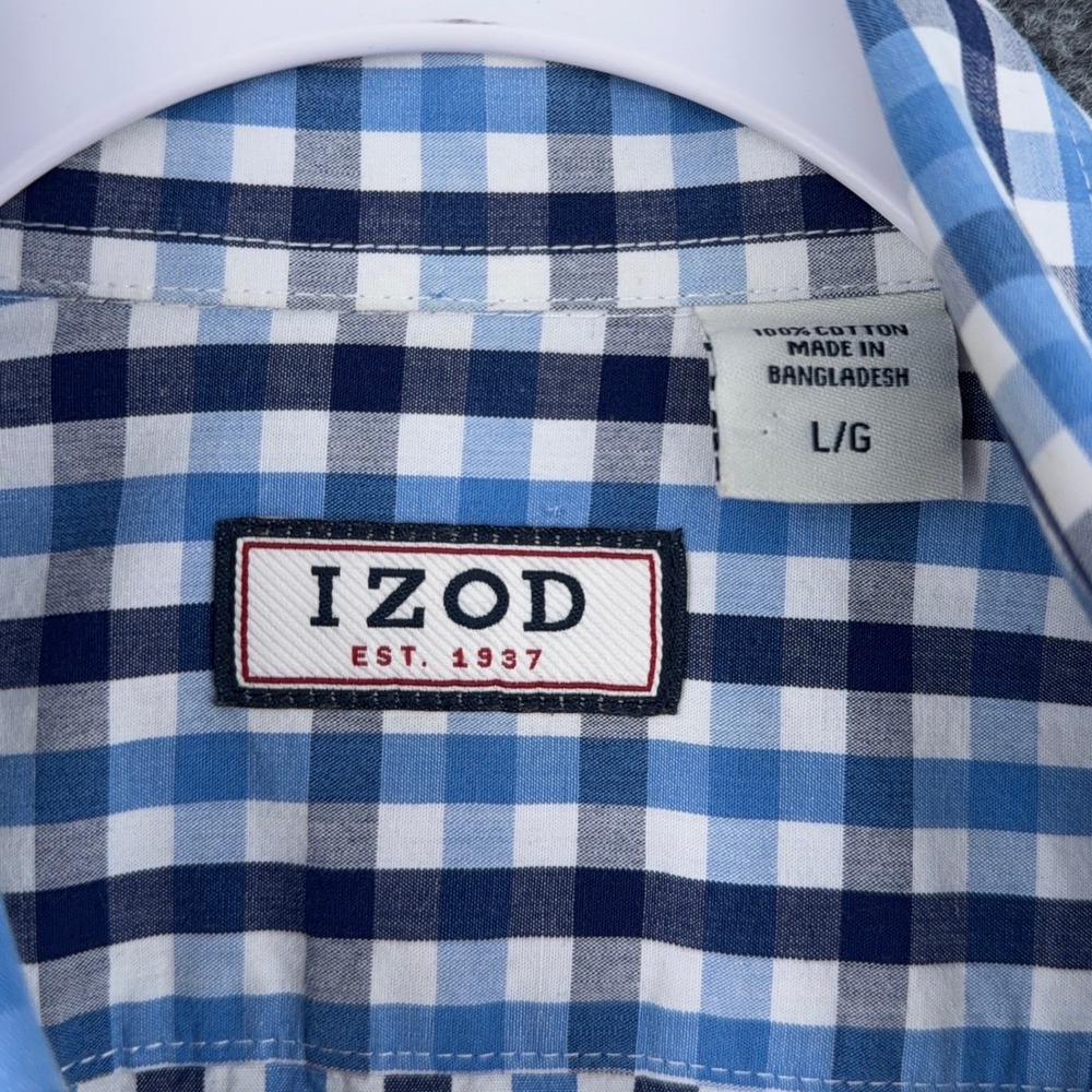 IZOD‎ Mens Short Sleeve Button Down Shirt Blue Gingham Plaid Size L G - Picture 3 of 6